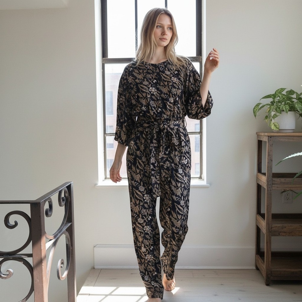 Anthropologie Size Medium Cleobella Nylah Satin Printed Wrap Black Gold Jumpsuit
